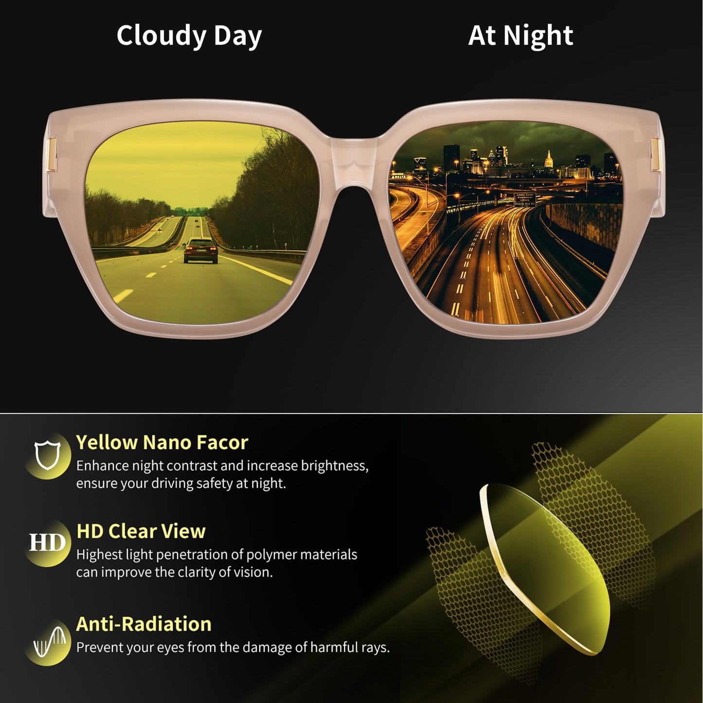 HAOLOTA Night Vision Driving Glasses Fit Over Glasses for Women Men, Anti Glare Polarized Nighttime Yellow Lens WN420
