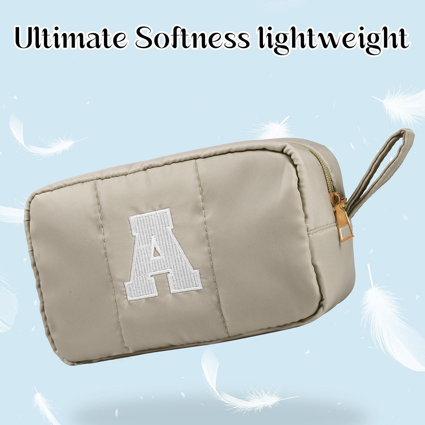 Puffy Makeup Bag for Women,Initial Cosmetic Bag,Cute Travel Toiletry Bag,Puffer Make Up Organizer Bags with Compartments,Personalized Gifts for Girlfriend Bridesmaid Teacher Graduation (Khaki gray, E) BST202