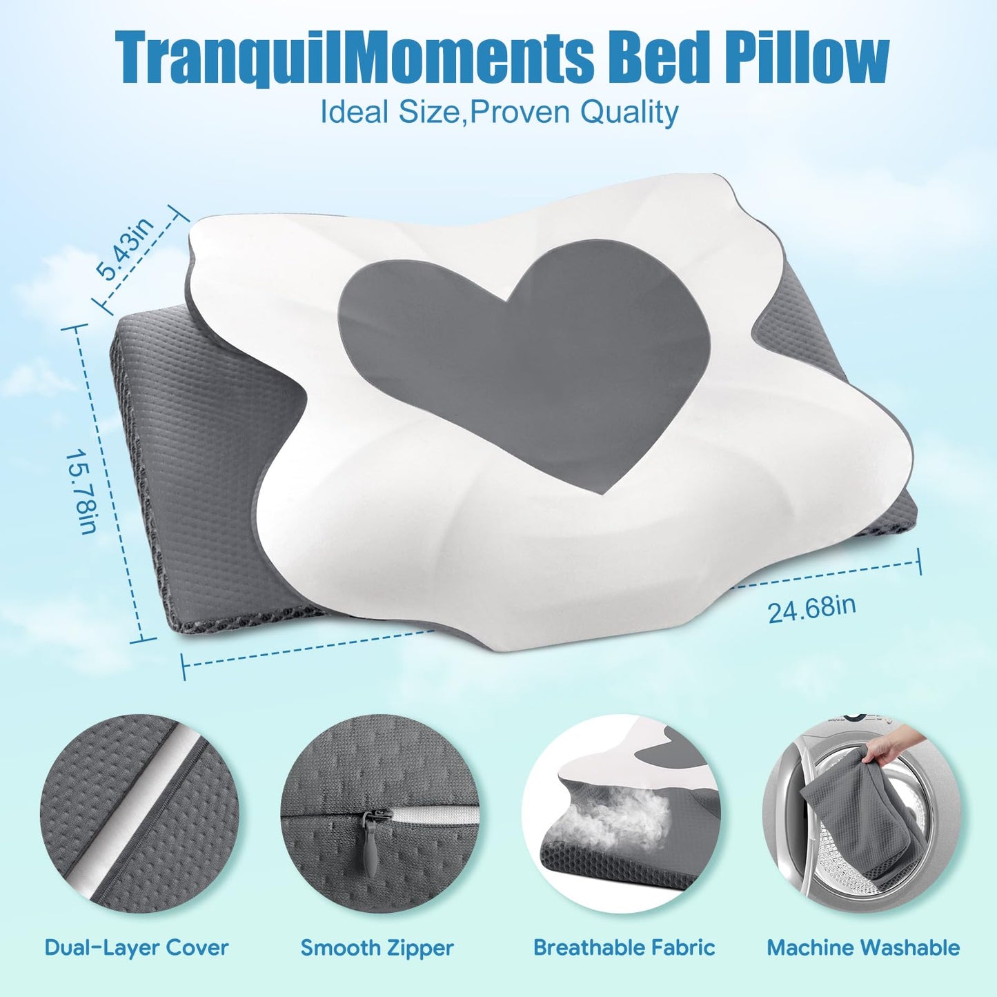 Cervical Neck Pillow for Sleeping, Memory Foam Pillow for Neck Support, Ergonomic Pillow for Pain Relief, Contour Bed Pillow for Side Back Stomach Sleepers, Grey, Queen Size BST220
