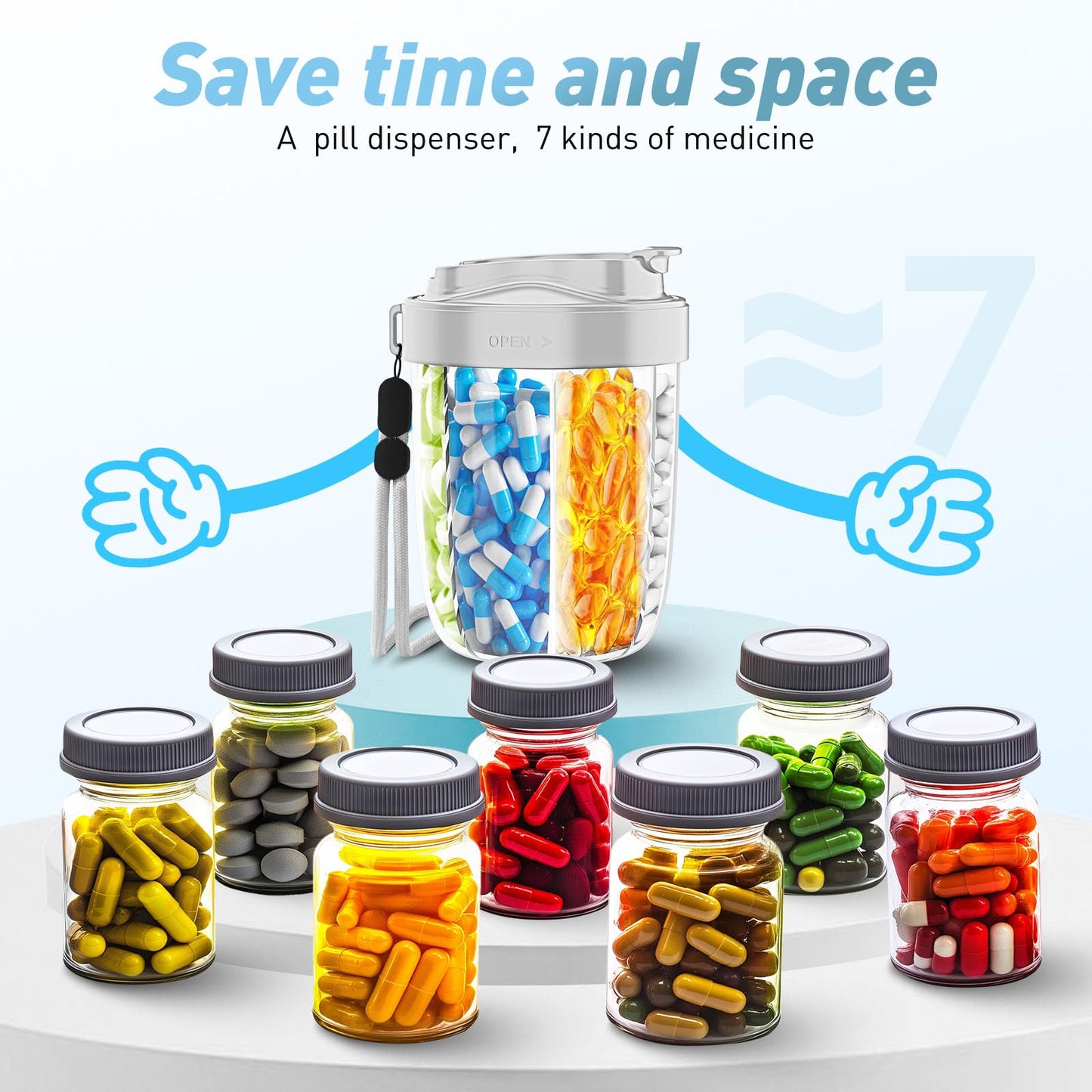 Pill Dispenser with 7 Large Compartments - Portable Pill Organizer for Travel, Anti-Mix Design & Wide Opening Design, Easy Access to Vitamin Dispenser, Includes 20 Blank Stickers (White) WN420