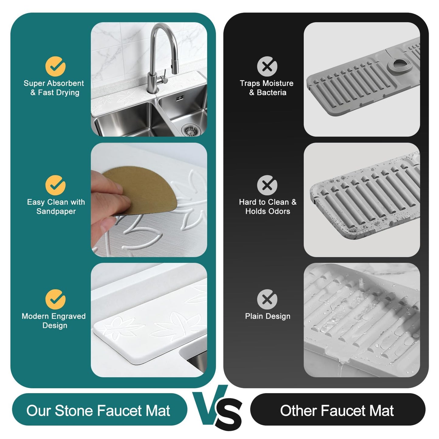Hopegiver Stone Faucet Mat for Kitchen Sink - Fast Drying Diatomite Sink Protector Prevent Moisture, Super Water Absorbing Stone Tray for Kitchen & Bathroom Counter (White, 15.7"x3.9") BST326H