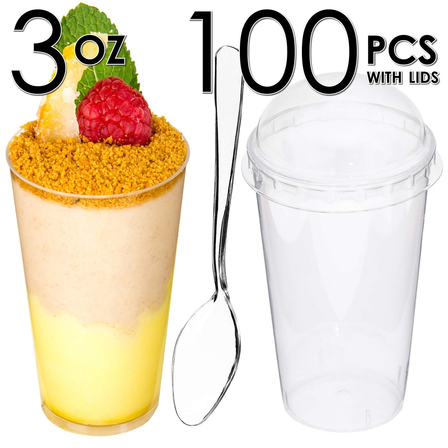 DLux 100 x 3 oz Mini Dessert Cups with Spoons, Shooter - Clear Plastic Parfait Appetizer Cup - Small Reusable Shooter Glass for Tasting Party Shooters Desserts Appetizers - With Recipe Ebook BST220