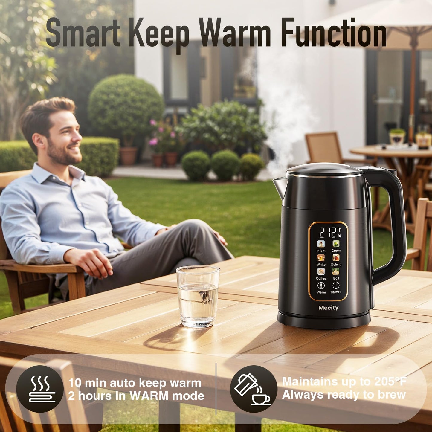 Mecity Electric Kettle 1.7L Touch Screen Temperature Control Water Boiler, No Plastic Contact with Water. 6 Preset Temperature Programs, 2 Hours Keep Warm, Auto Shut Off, Dark Grey DD1210