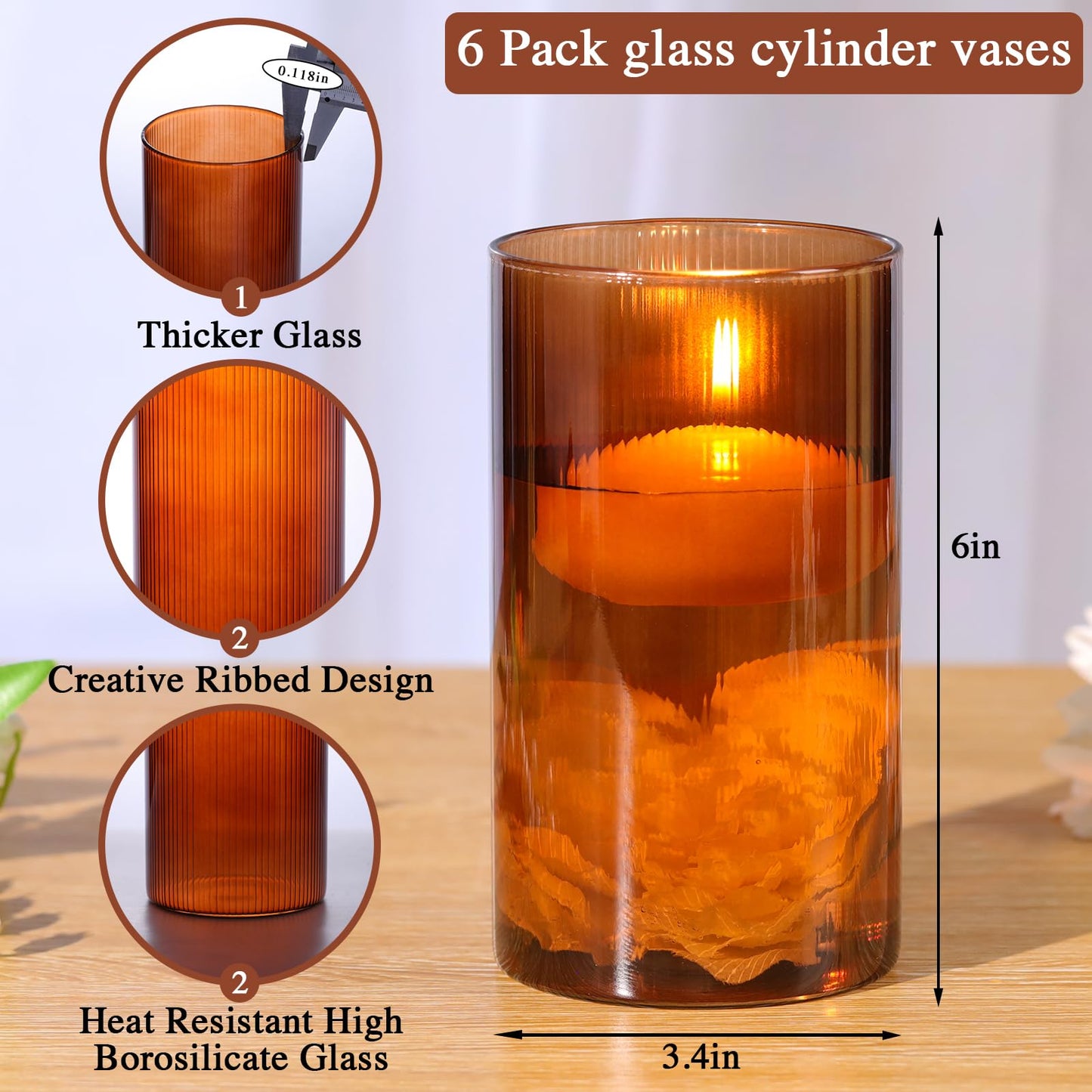 Glass Ribbed Cylinder Vases, 8 Inch Tall, Clear, Pack of 3 | Flower Vases in Bulk, Hurricane Floating Candle Vases, For Party Home Decor BST326H