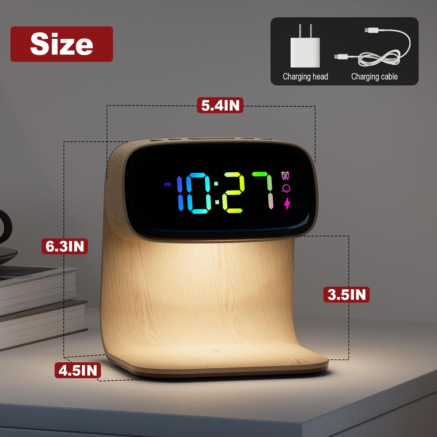 Digital Alarm Clock with Wireless Fast Charging Station 15W Touch Smart Lamp for Bedside,3 Colors Nightlight Adjustment Night Lamp for Living Room,Bedside,Heavy Sleepers (Woodgrain+Cable&Adapter) BST220