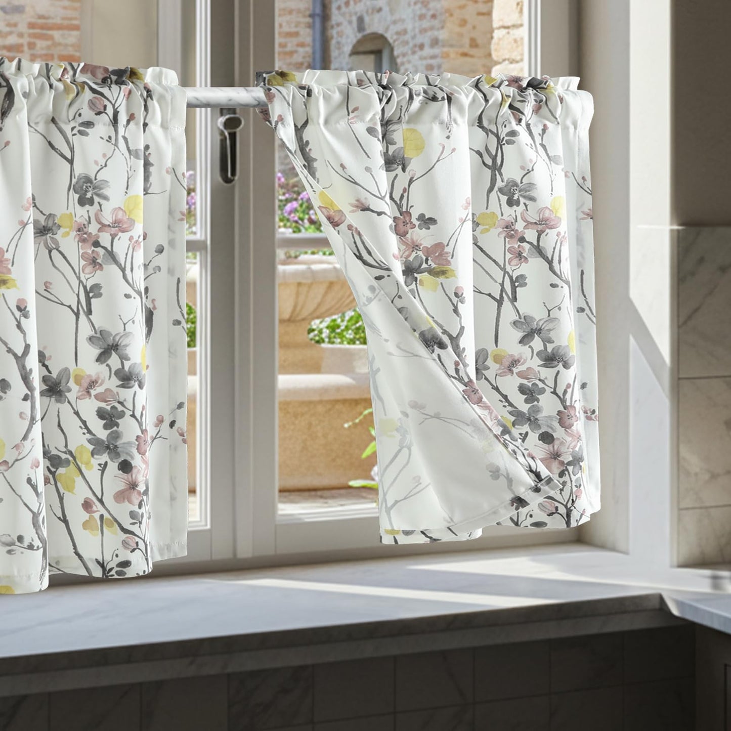Leeva Farmhouse Kitchen Valances for Windows, Watercolor Blossoming Floral Print Curtains, Soft Faux Linen Curtain Toppers and Valances for Bedroom, 60 x 14 Inch, Brown & Grey, 1 Panel BST220