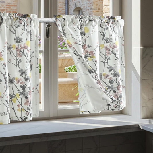 Leeva Farmhouse Kitchen Valances for Windows, Watercolor Blossoming Floral Print Curtains, Soft Faux Linen Curtain Toppers and Valances for Bedroom, 60 x 14 Inch, Brown & Grey, 1 Panel BST220