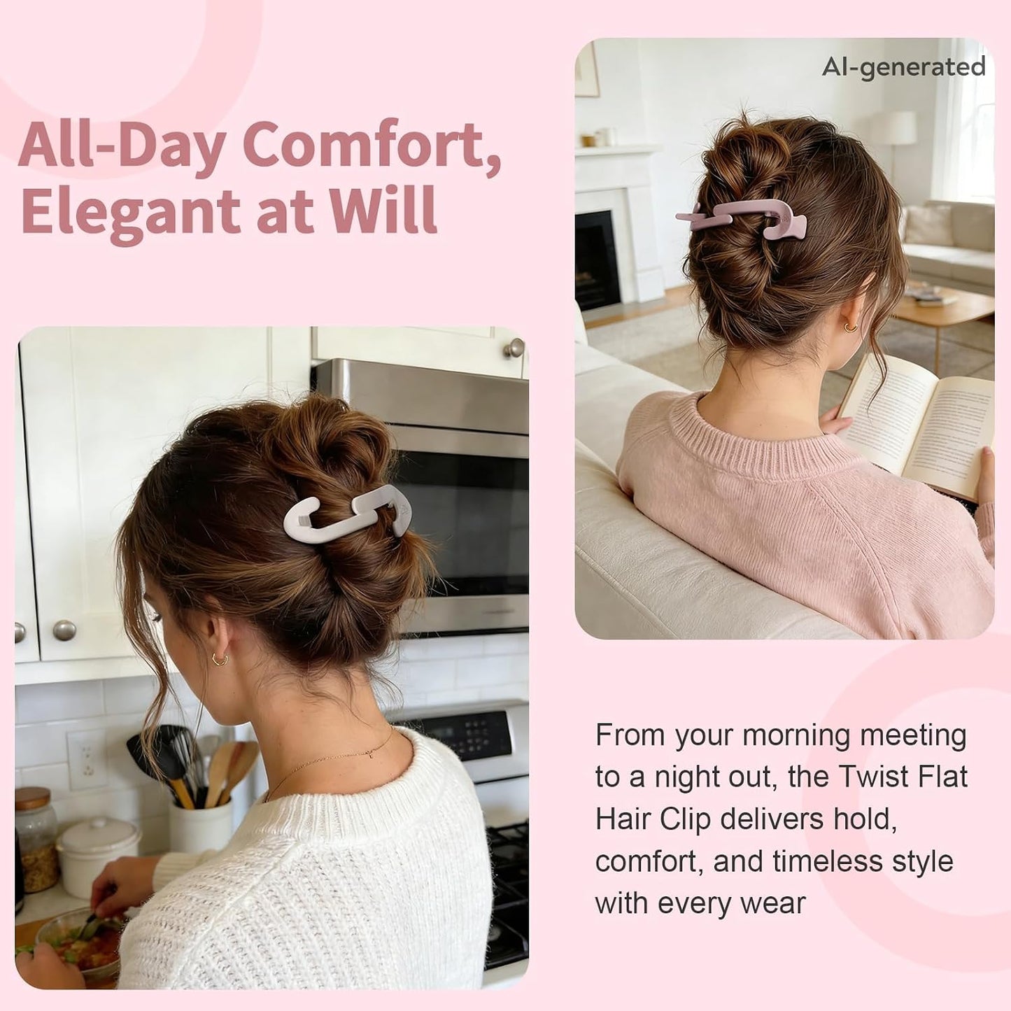 Large Twist Flat Hair Clips for Medium Thick Hair, Stylish Flat Claw Clips for Women, French Hairclips for Long Straight Curly Hair - White, Pink, Purple, Green, 4pcs WN420