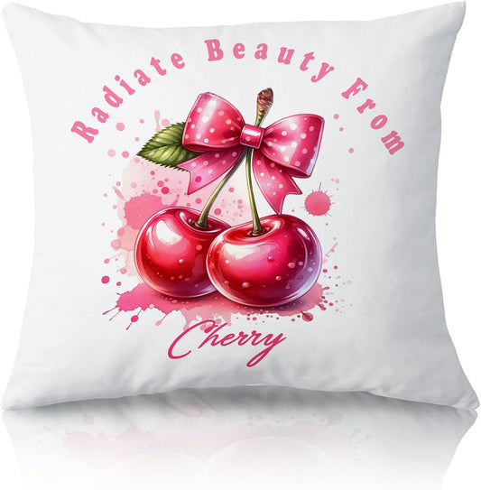 Cute Cherry Bow Pillow Cover 18x18 | Radiate Beauty Watercolor Pink Splash Art, Sweet Coquette Decor, Present for Women Teenage Girls BST326H