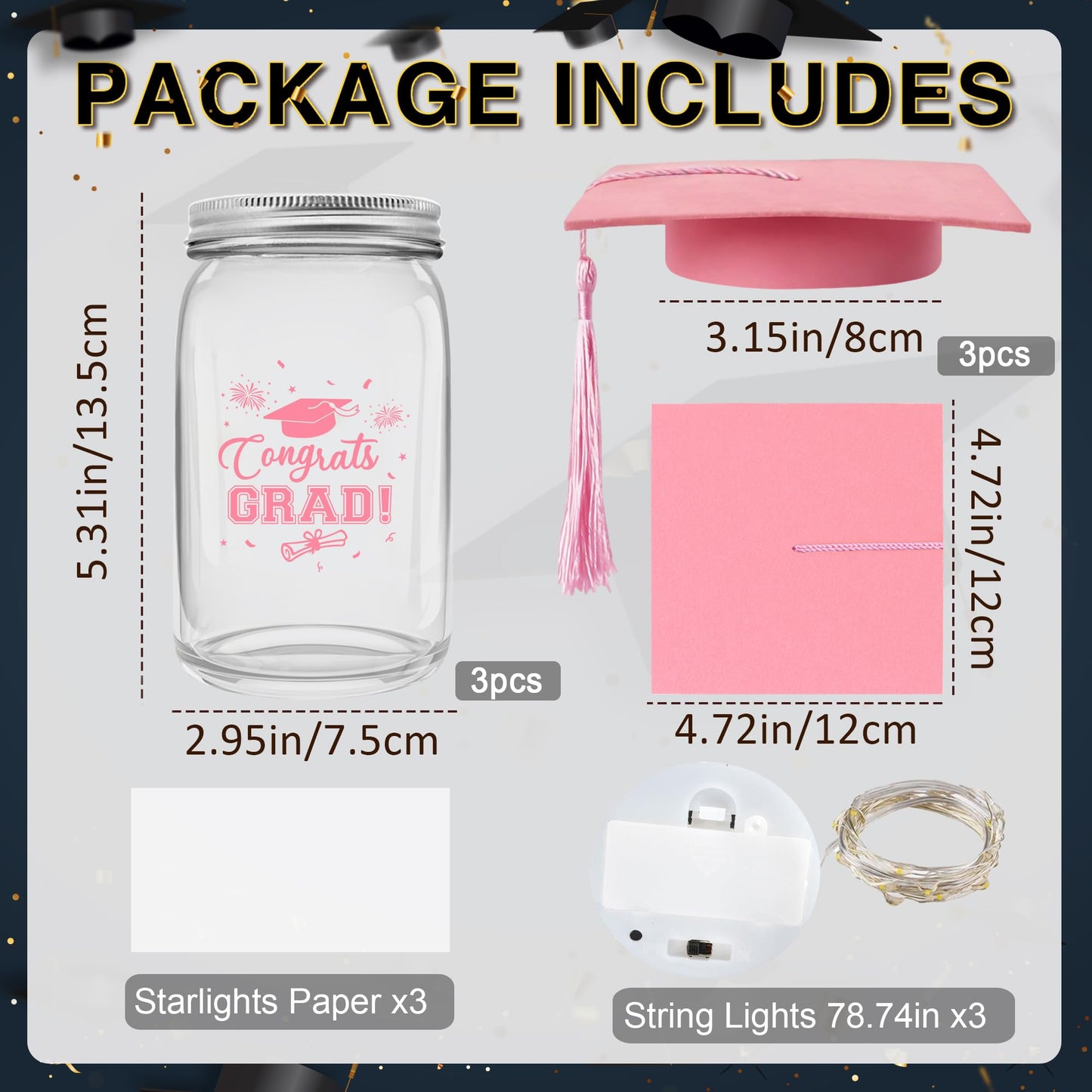 3 Sets 2026 Graduation Centerpieces for Tables, Glowing Mason Jar Centerpieces with Graduation Caps, Glowing Money Jars for College High School Congrats Grad Party Decor Supplies WN420