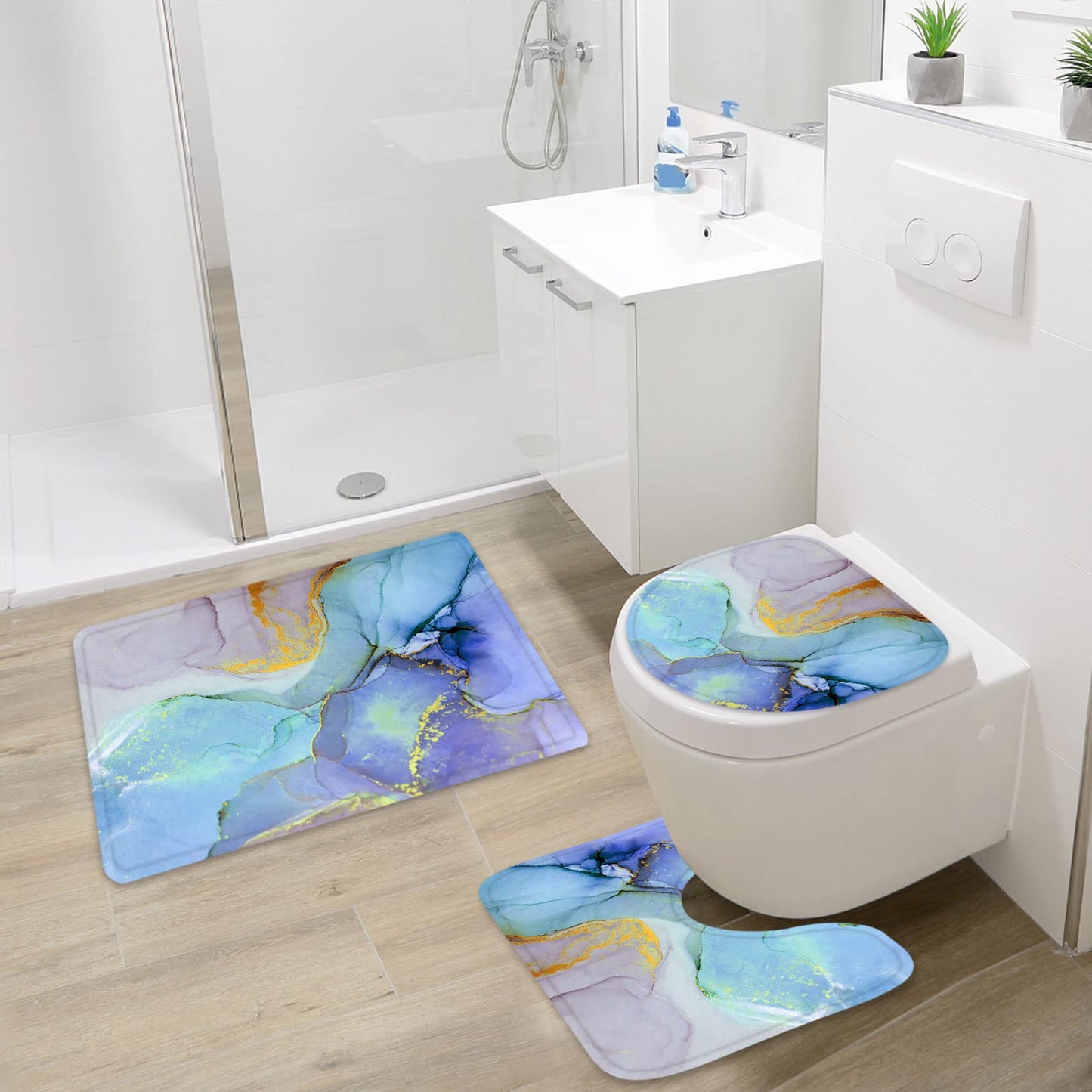 Gibelle 4 Pcs Bathroom Shower Curtain Set with Non-Slip Rugs, Toilet Lid Cover and Bath Mat, Grey Blue Marble Bathroom Decor Set with Shower Curtain and Rugs and Accessories BST326H