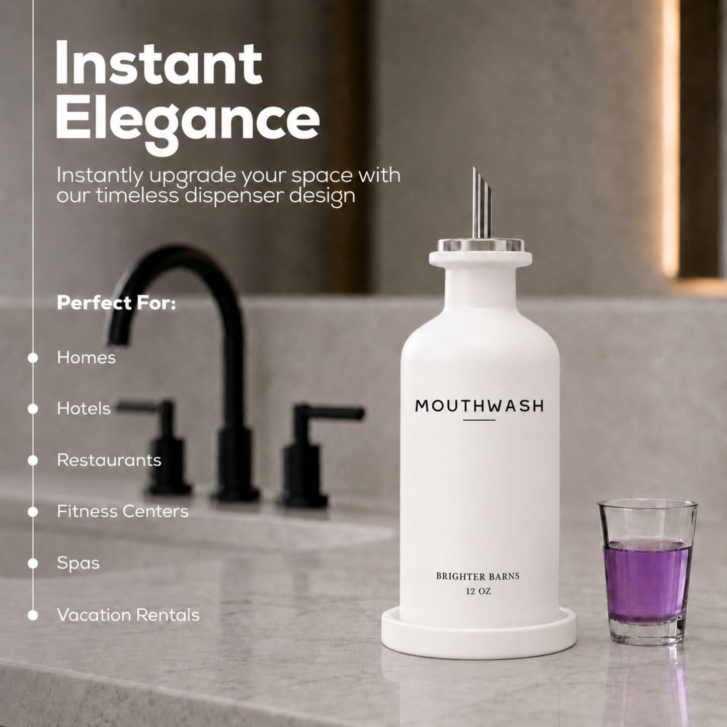 Glass Mouthwash Dispenser for Bathroom by Brighter Barns - Refillable Mouthwash Container with Glass Cup and Tray - Mouth Wash Dispensers for Bathroom Sink, Home Decor, Airbnb, Office, Hotel (Clear) BST326H
