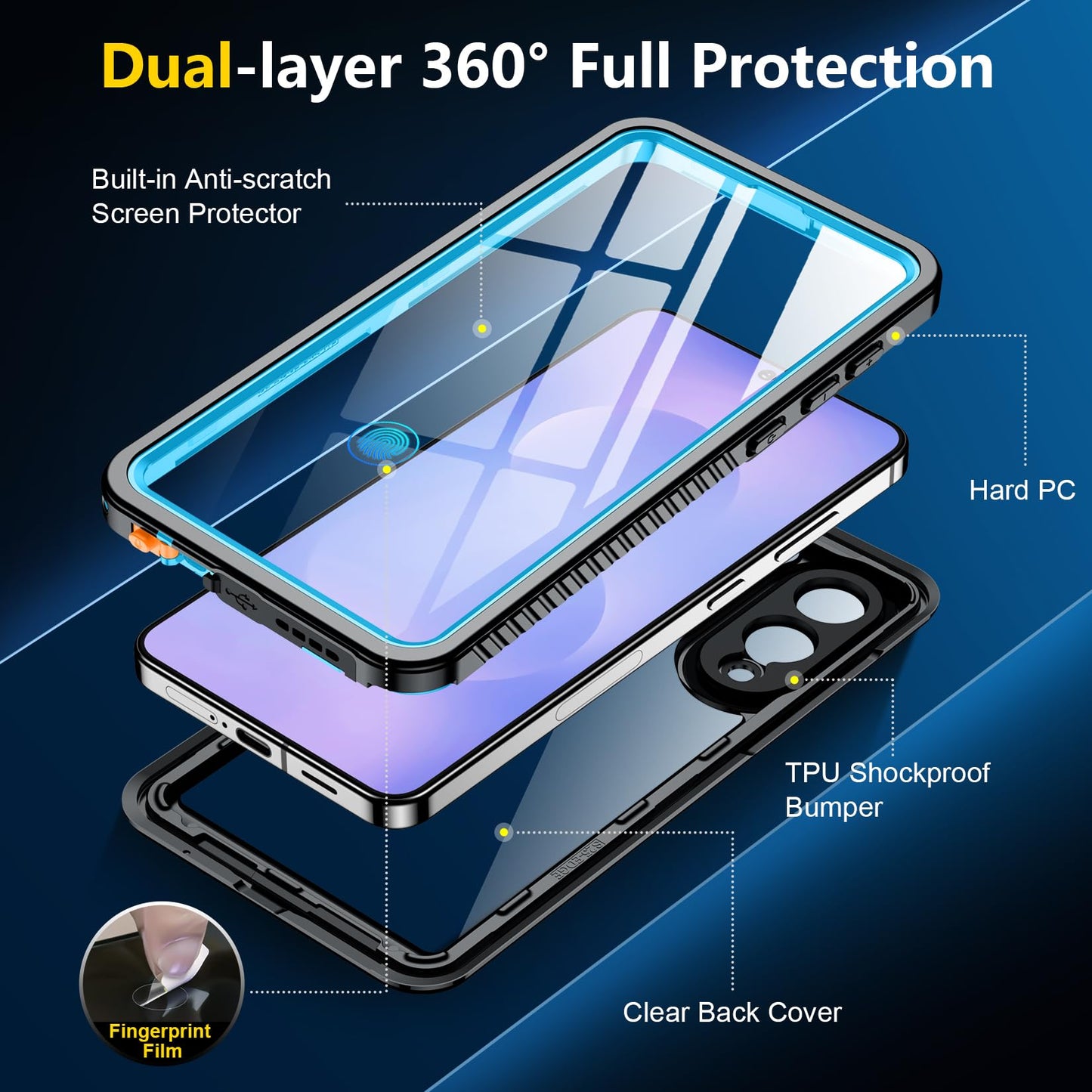 SPIDERCASE Designed for Samsung Galaxy S23 Case Waterproof,Built-in Screen & Camera Lens Protector[IP68 Underwater][Military Grade Shockproof] Full Body Protection Phone Case, Black/Clear WN420