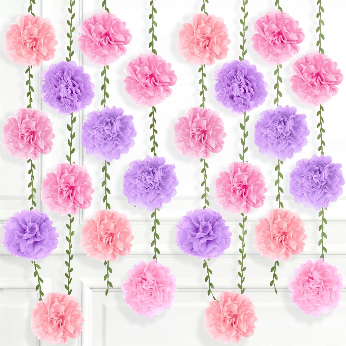 kreat4joy 4pack Pink Purple Tissue Paper Pom Poms Flowers Garland Leaf Ribbon 98.42inches Pre-Strung Reusable Ceiling for Birthday Baby Shower Wedding Bridal Shower Home Event Wall Party Decoration BST220