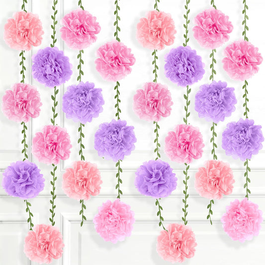 kreat4joy 4pack Pink Purple Tissue Paper Pom Poms Flowers Garland Leaf Ribbon 98.42inches Pre-Strung Reusable Ceiling for Birthday Baby Shower Wedding Bridal Shower Home Event Wall Party Decoration BST220