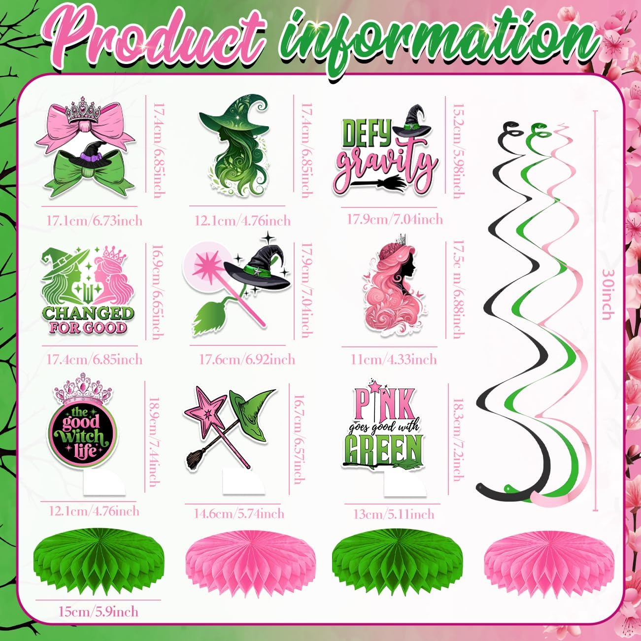 Witch Party Decorations Pink and Green Happy Birthday Banner Hanging Swirls and Honeycomb Centerpieces Witch Theme Party Decorations for Girls Women Birthday Party Supplies BST220
