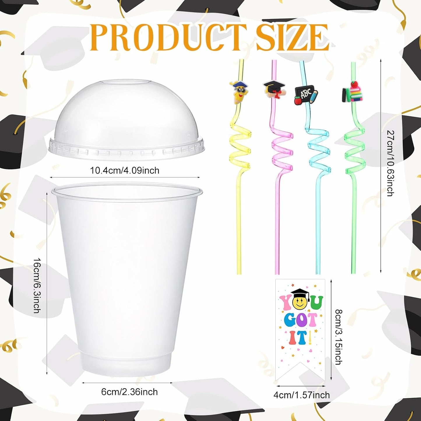 Domensi 24 Sets Graduation Plastic Cups with Lids Spiral Straws Tag Card Class of 2026 Congrats Grad Drinking Mugs 16 oz Gifts Tumbler for Preschool Middle School Graduation Party Favor BST220