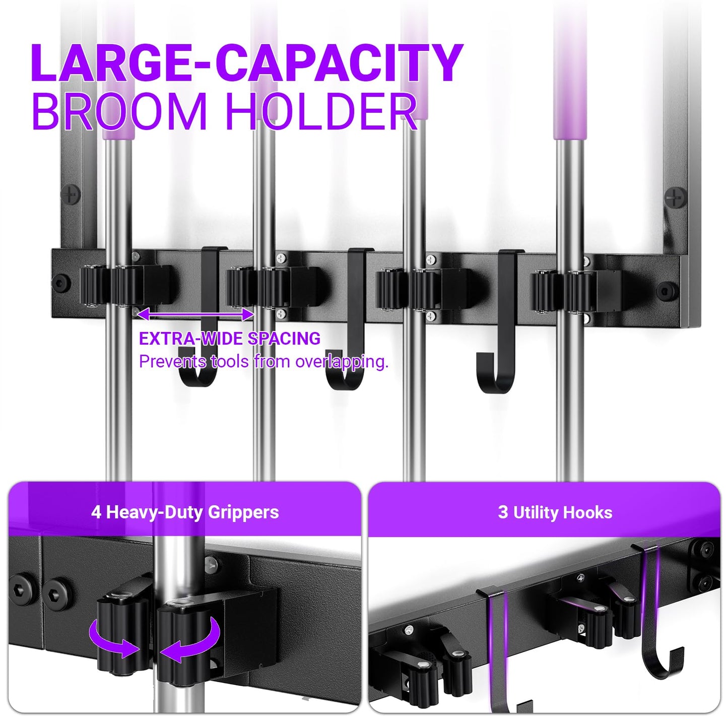 Heavy Duty Broom Holder Wall Mount with Cleaning Supplies Organizer, Space-Saving Laundry Room Organization and Storage Shelves, All-Metal Mop Hanger Broom Rack with Hooks, Garage Organizer Shelf