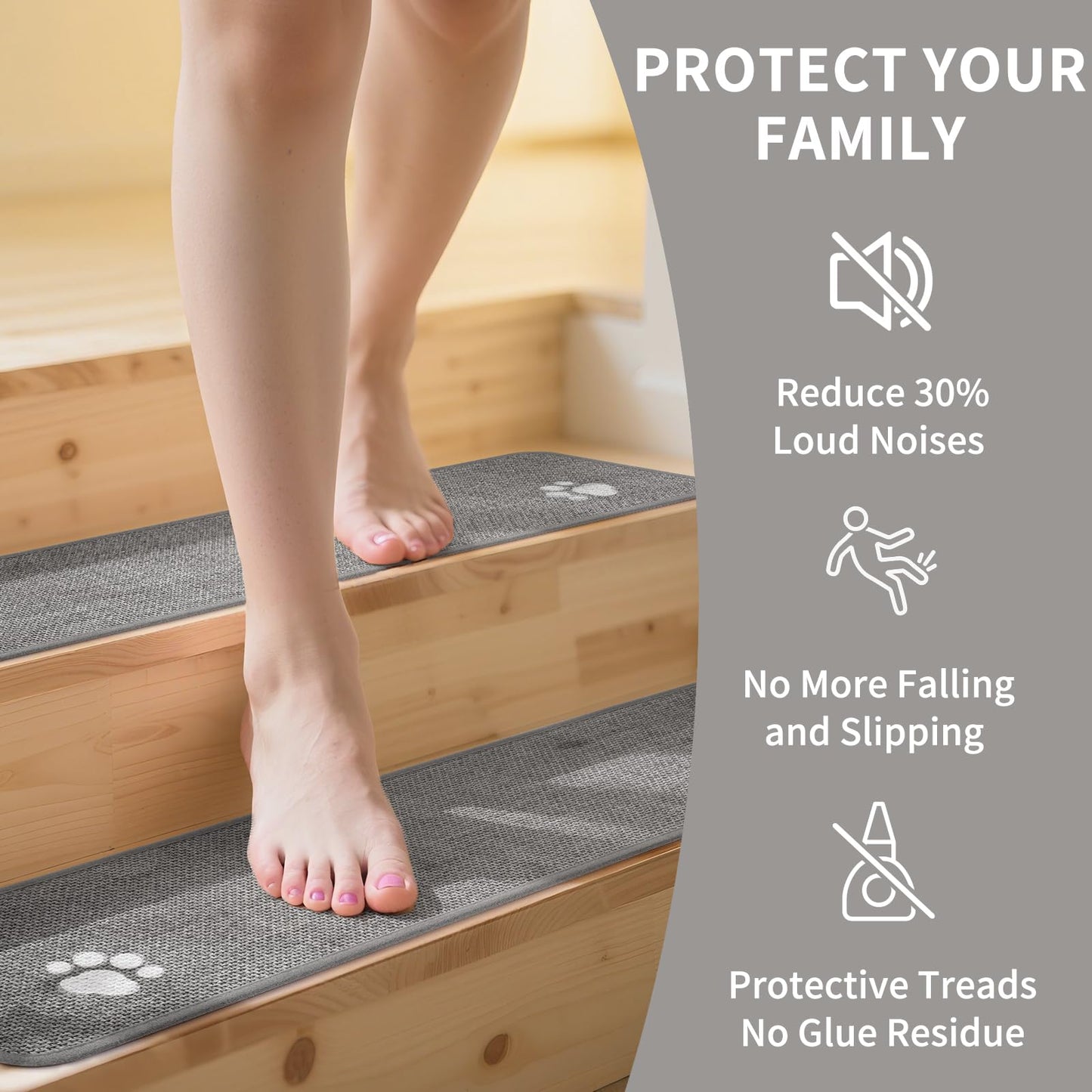 YDKGL Stair Treads Non Slip Indoor 4PCS, Rubber Backing Stair Runner Rugs for Wooden Steps, Residue Free Stair Carpet Treads for Kids Elders and Pets, Machine Washable Stair Mats, Gray, 8" x 30" WN420