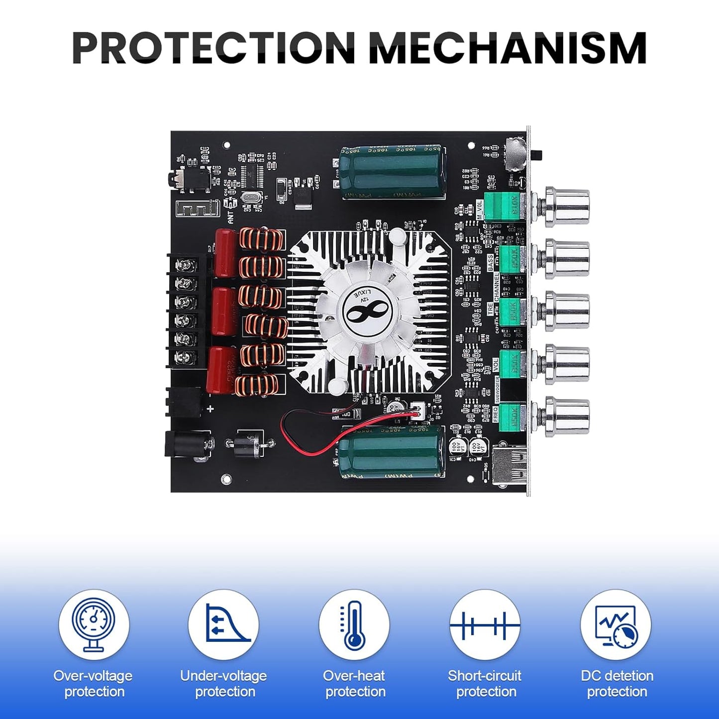 ZK-HT21 Bluetooth Amplifier Board 160W×2+220W Subwoofer 2.1 Channel Audio Amplifier Bluetooth Module with Treble and Bass Control,AUX/Bluetooth/USB Inputs for Passive Speakers