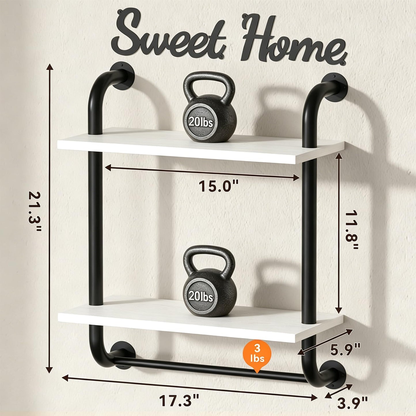Tinpin Bathroom Shelves Wall Mounted, Rustic Farmhouse Pipe Shelves, Walls Shelf 3-Tier, Industrial Pipe Shelving, Floating Shelf Wall Decor for Bathroom, Kitchen, Bedroom, Living Room 17.3in Black DD1210