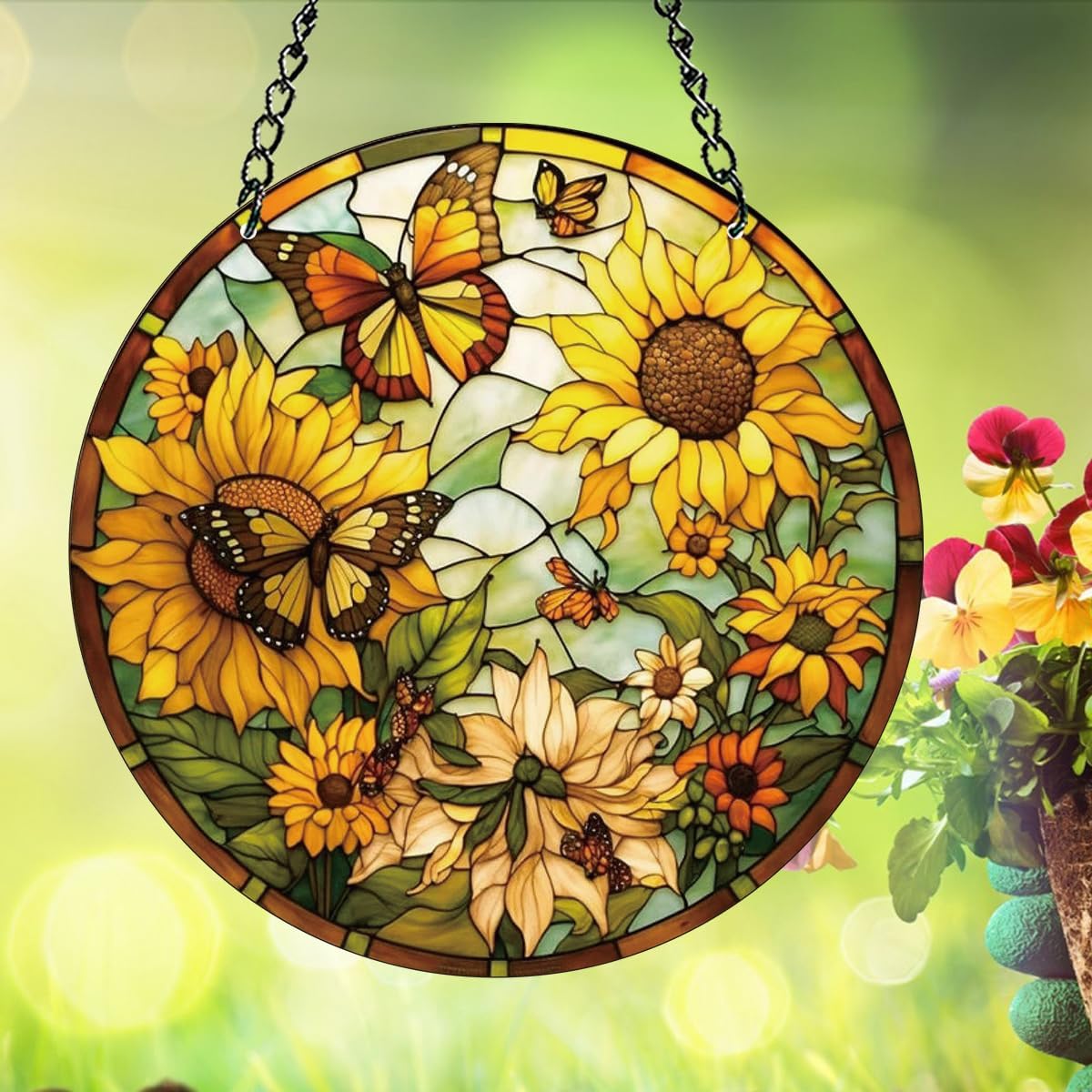 HOTIYOK Sunflower Stained Acrylic Window Hangings Panels Butterfly for Window Yellow Birthday Memorial Gift for Mom Flower Lover Home Garden Decoration BST220