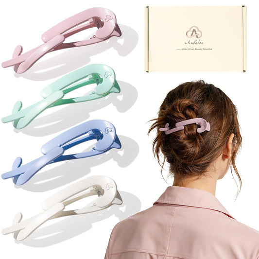 Large Twist Flat Hair Clips for Medium Thick Hair, Stylish Flat Claw Clips for Women, French Hairclips for Long Straight Curly Hair - White, Pink, Purple, Green, 4pcs WN420