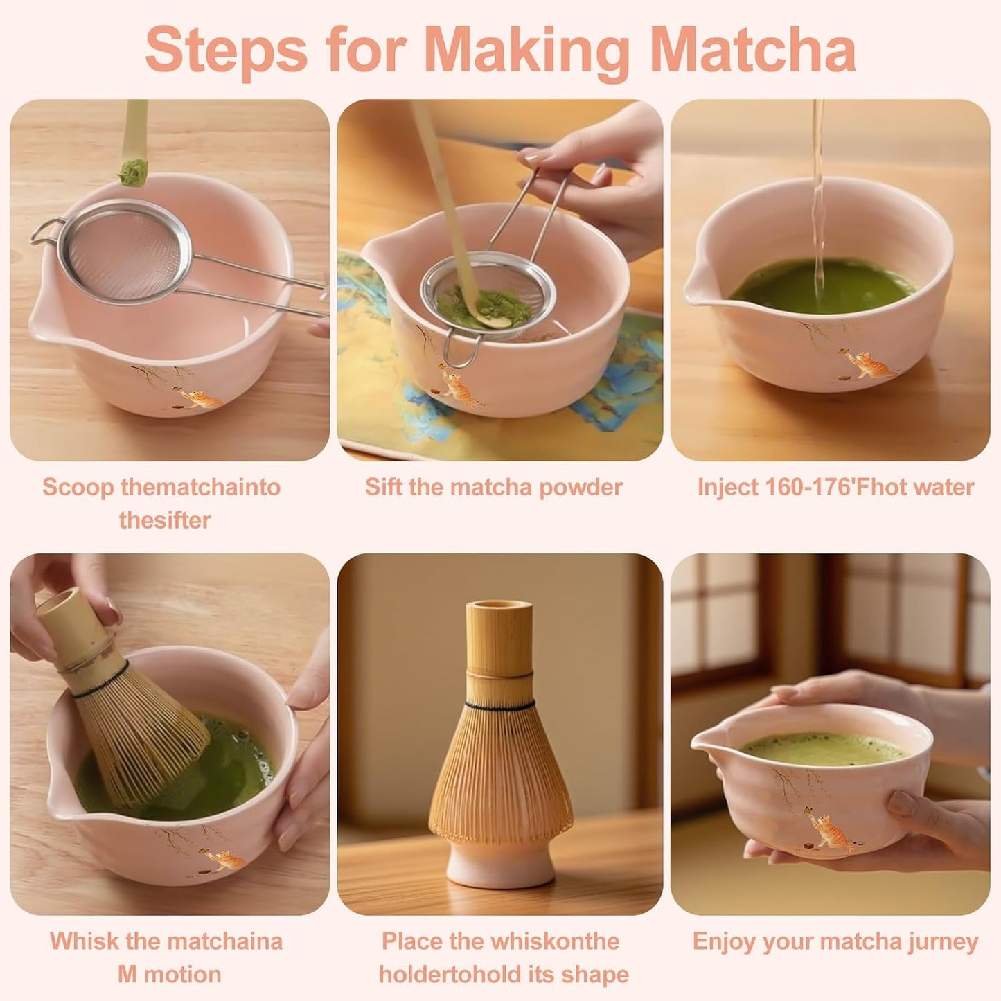 Matcha Whisk Set, 7PCS Matcha Set Includes Ceramic Matcha Set Includes Matcha Bowl, Matcha Whisk and Holder, Bamboo Scoop, Scoop Rest, Sifter and Tea Towel, Gift Bag (Pink) WN420