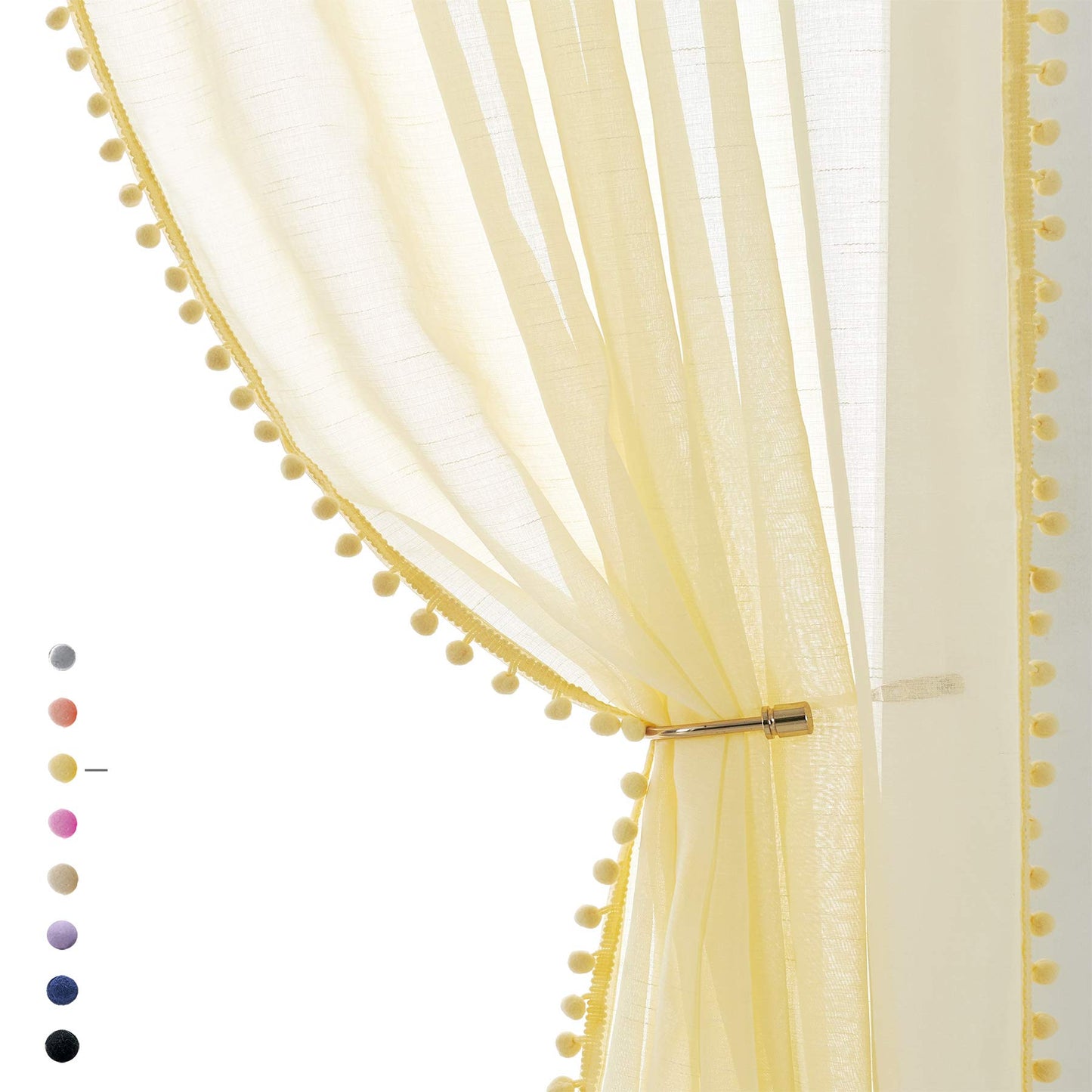 Treatmentex Pom-Pom Grey Sheer Curtains for Bedroom 63" Window Drapes Rod Pocket Textured Sheer Curtain for Kids Room 52" w 2 Panels BST202