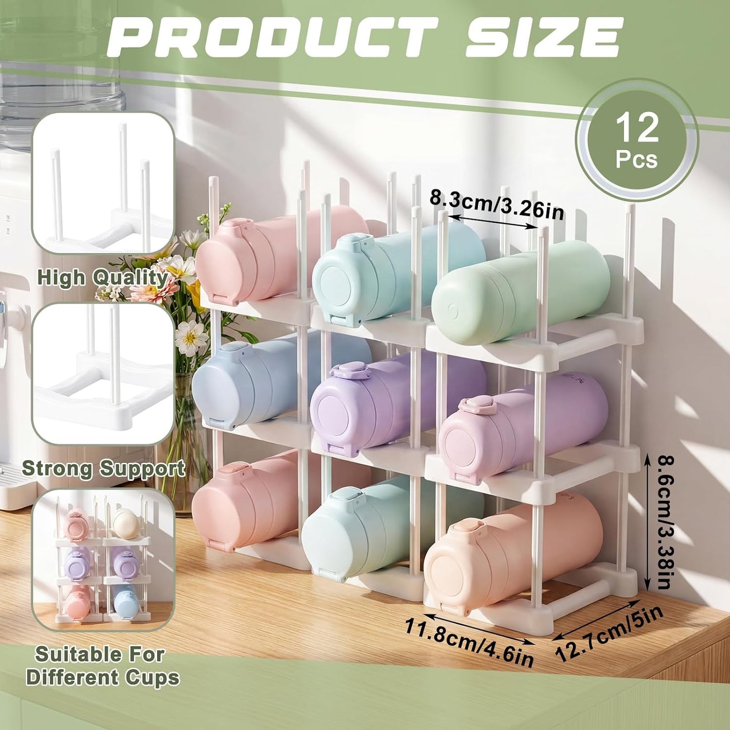 Reallnaive Water Bottle Organizer for Classroom Hydration Station Hold 12 Bottles Back to School Student Cup Water Bottle Holder Stackable ABS Plastic Rack for Office School Classroom Tumbler Storage BST202