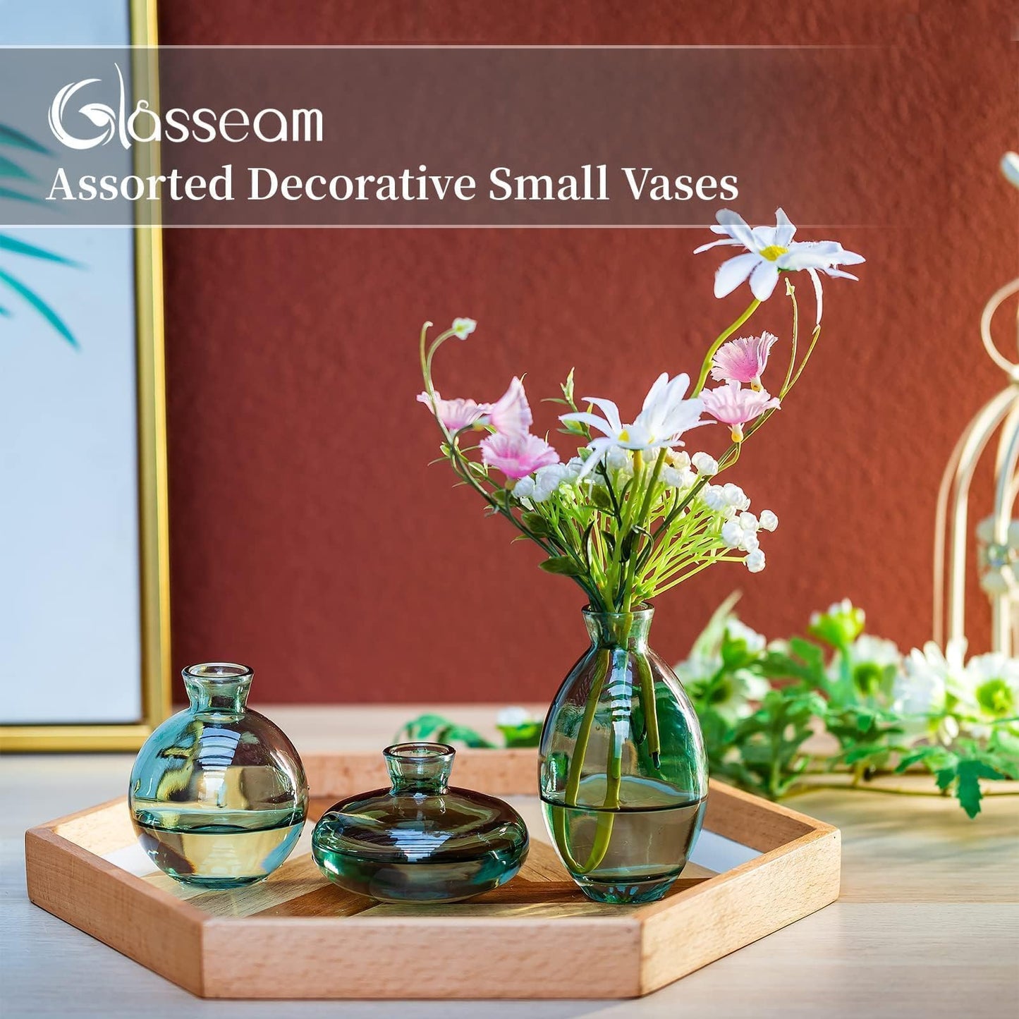 Glasseam Clear Glass Bud Vase, 3Pcs/Set Modern Decorative Small Mini Flowers Vases Short Minimalist Aesthetic Home Decor Vintage Cute Handmade Tiny Wedding Table Centerpieces for Single Flower Rose BST326H