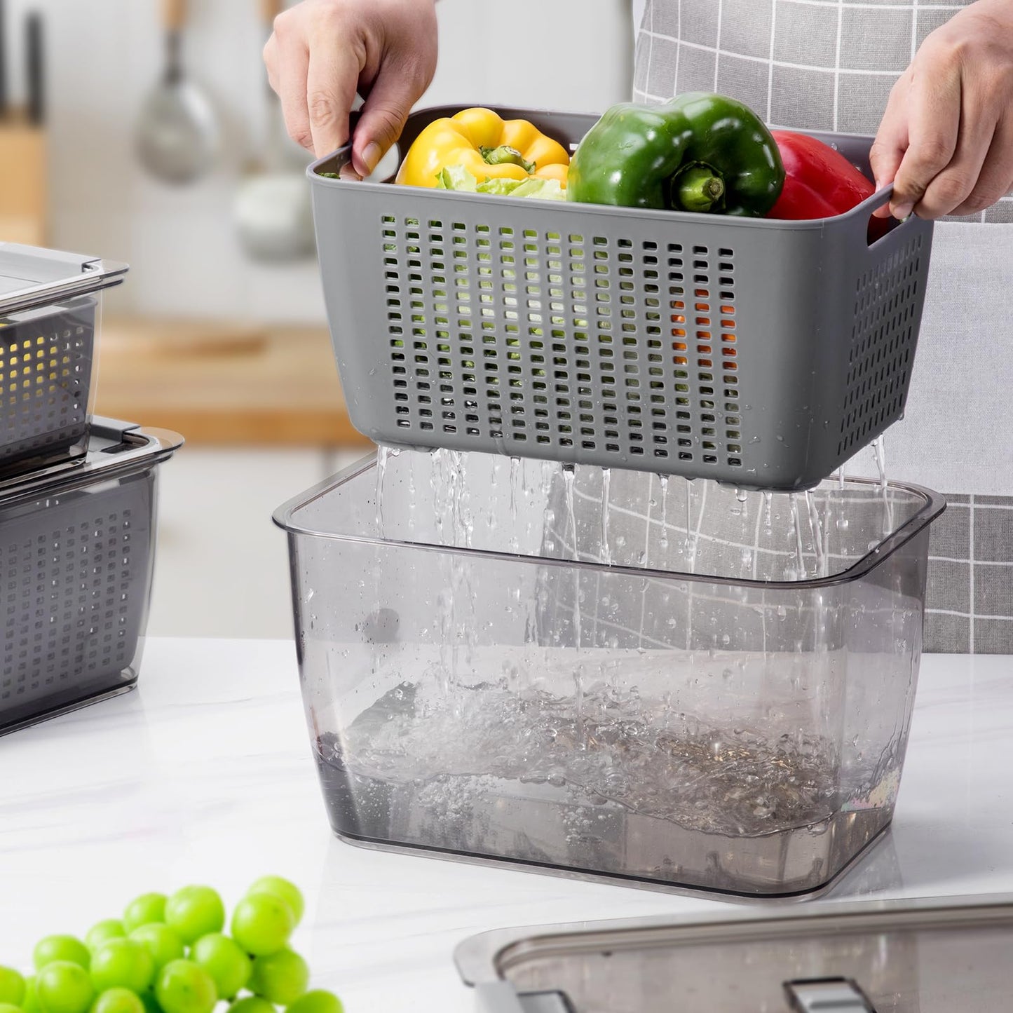 LUXEAR 4 Pack Fruit Vegetable Containers for Fridge, Produce Saver Container with Lids &Removable Colander BPA-free Refrigerator Storage Organizer for Fruit Vegetable, Berry, Meat keep Fresh Longer DD1210