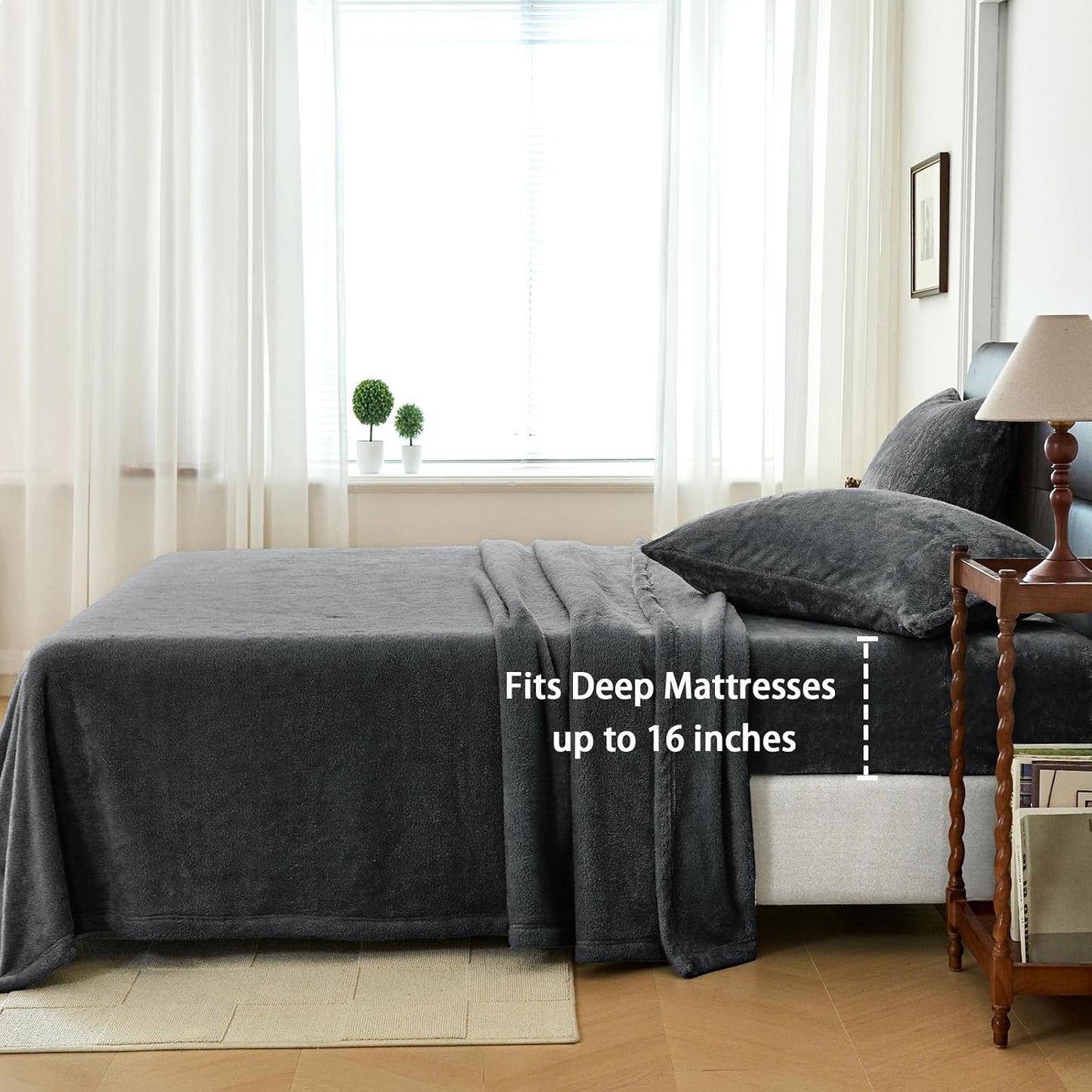 Faux Fur Queen Sheet Set, Luxury Soft Fleece Bed Sheets, Fluffy Plush Velvet Sheets Fuzzy Bedding Sheets for Fall and Winter, Cozy Warm, No Shedding, 4PC, Dark Grey BST326H