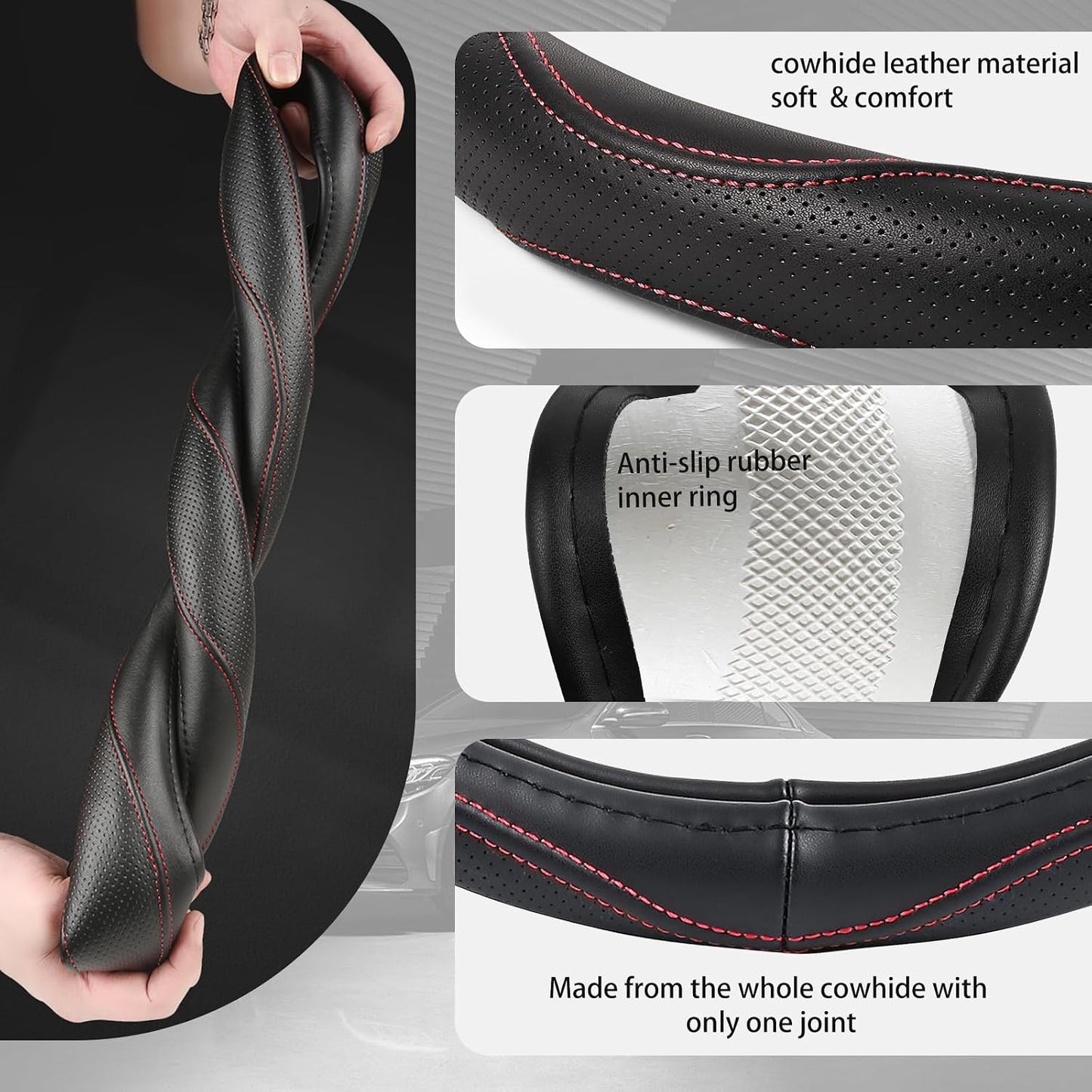 High-Grade Real Cowhide Steering Wheel Cover for Men Women，Black Genuine Leather Steering Wheel Cover for Cars,Universal 14.5-15 inch Steering Wheels WN420