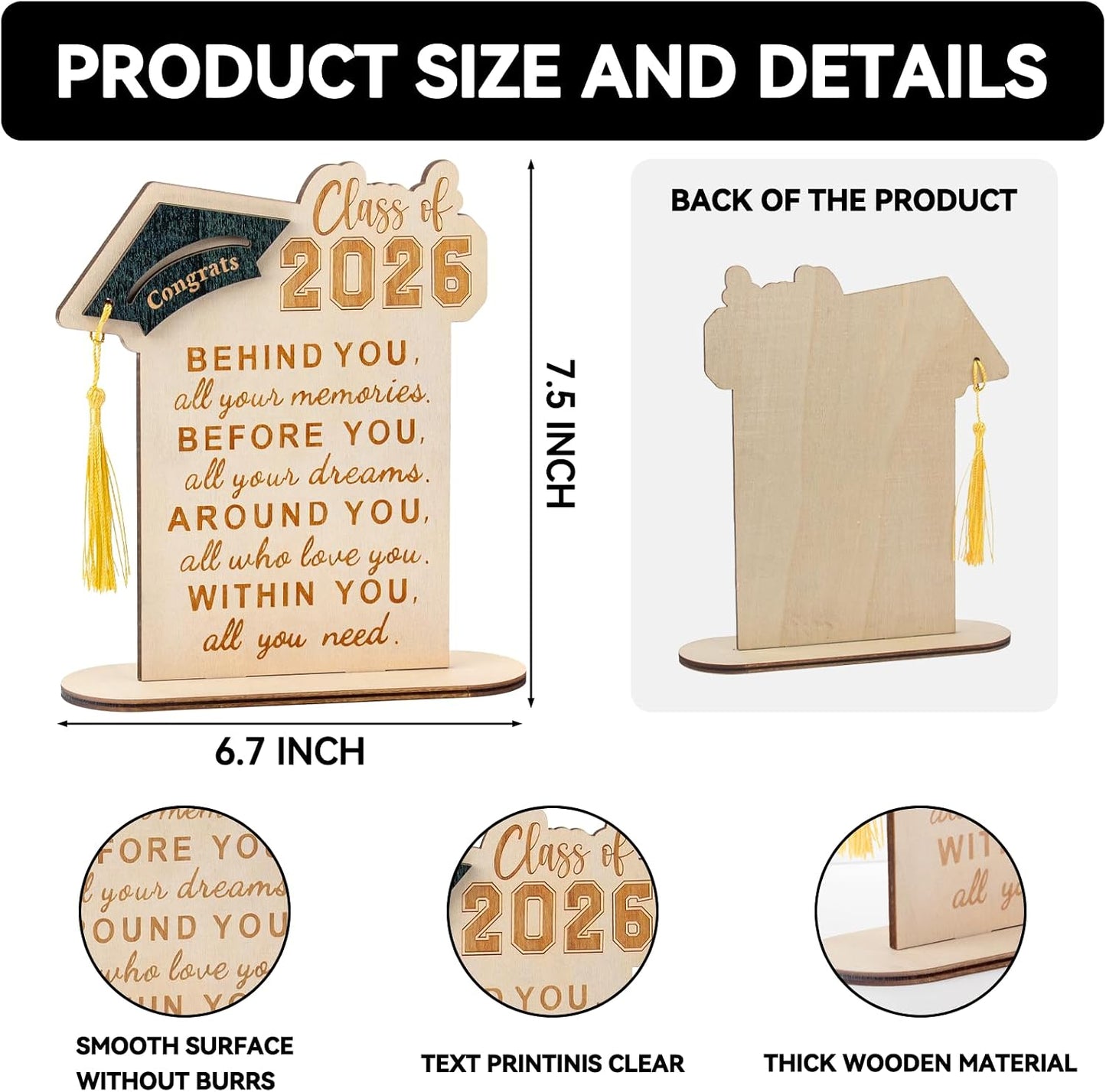 Graduation Decorations, Graduation Gifts for Class of 2026 | Graduation Quote Wood Sign Desk Decor, Positive Behind You All Your Memories Wood Plaque with Stand Desk Decoration Grad Gift WN420