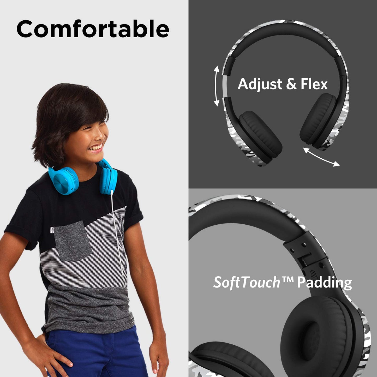 LilGadgets Connect+ Pro Wired Kids Headphones for School with Microphone, Volume Limiting Over-Ear Headset with Cord, SharePort Technology & SoftTouch Padding, Blue