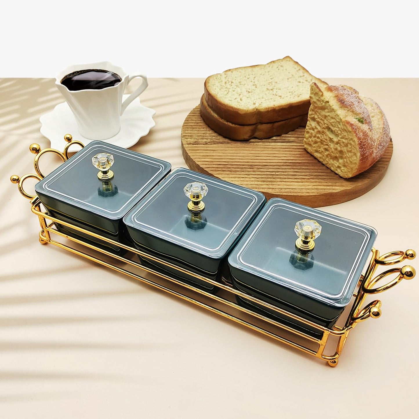 YA JU Ceramic Bowls and with Lid Gold Basket Trays, 4 Removable Small Bowls Condiment Trays Nut Serving Set for Snacks, Fruits, Candy and Condiments - Great for Parties, Holiday Gifts,White BST202