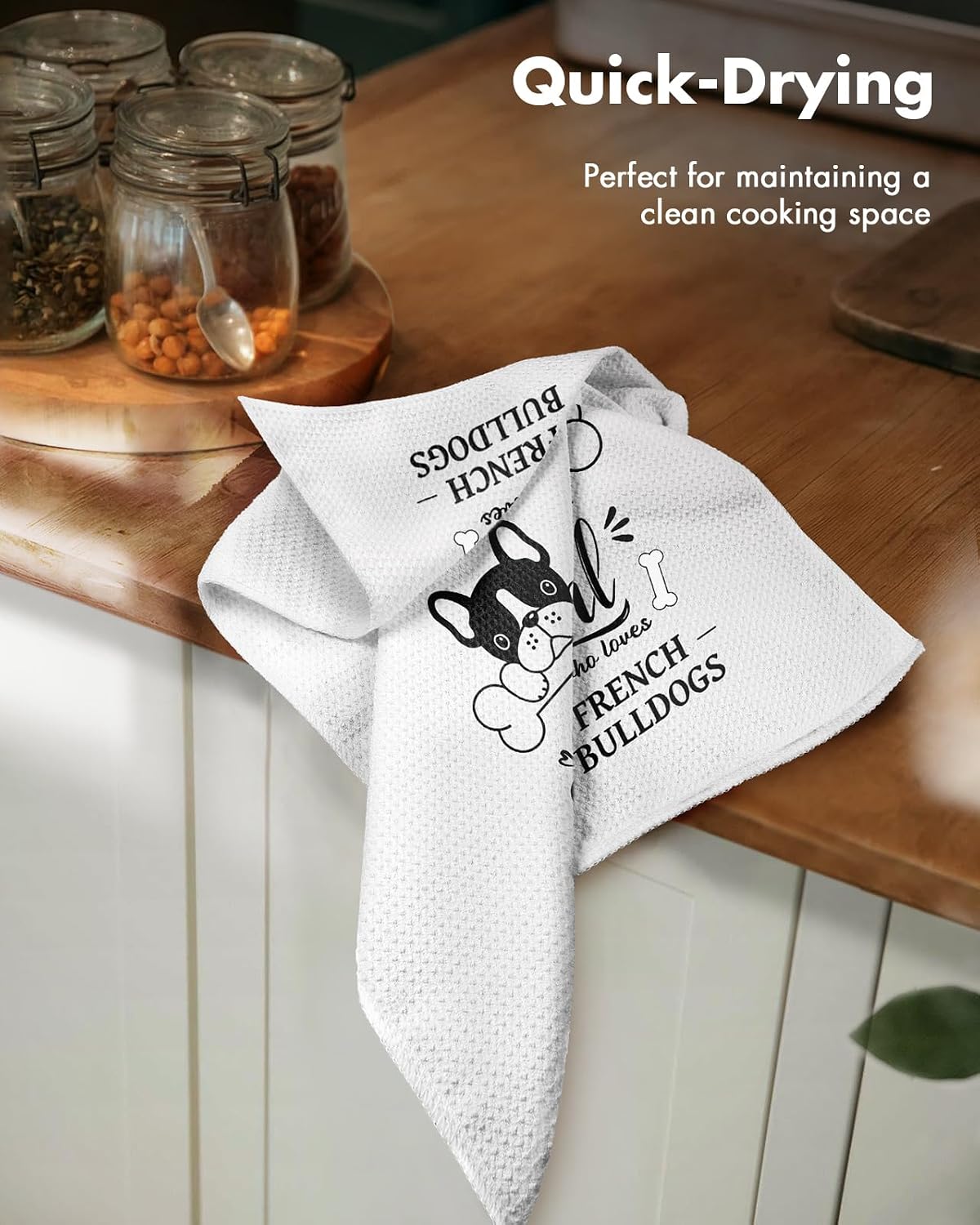 Miss Adola Dog Funny Kitchen Towels - 15x28 Inch Decorative Waffle Microfiber Dish Cloths Cute Absorbent Reusable Hand Tea Towels with Hanging Loop French Bulldog Gift for Dog Lovers WN420