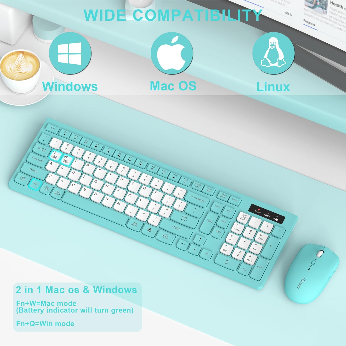 Wireless Keyboard and Mouse Combo, Full-Sized Wireless Keyboard and Adjustable DPI Mouse, 2.4GHz USB Receiver, Silent Keyboard and Mouse for PC, Windows, MAC, Desktop, Laptop (Avocado Green)
