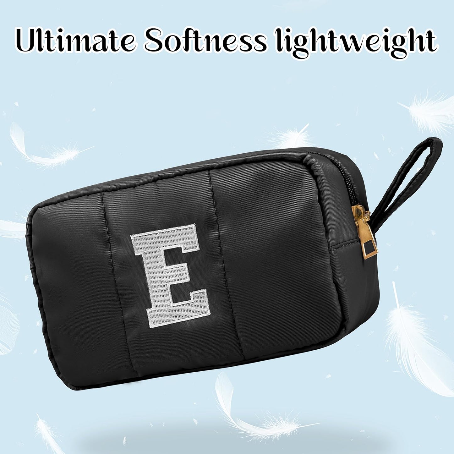 Puffy Makeup Bag for Women,Initial Cosmetic Bag,Cute Travel Toiletry Bag,Puffer Make Up Organizer Bags with Compartments,Personalized Gifts for Girlfriend Bridesmaid Teacher Graduation (Khaki gray, E) BST202