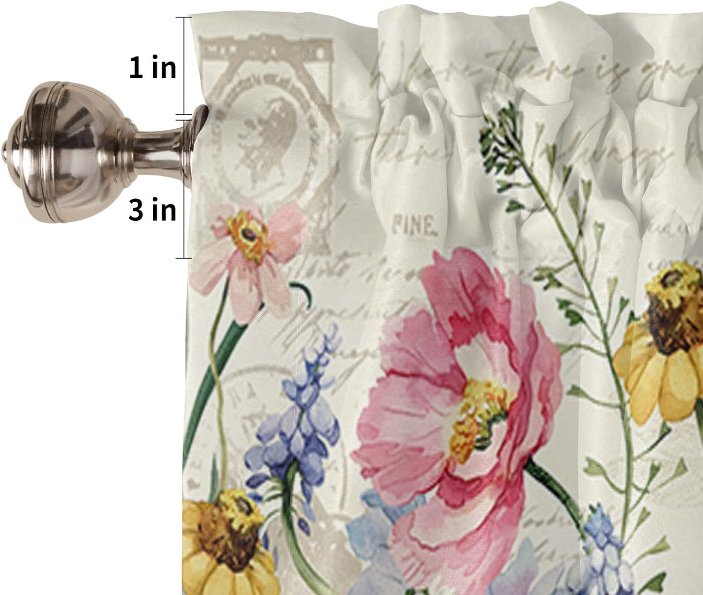 Spring Curtain Valances for Windows, Retro Wild Plants Flowers Rod Pocket Valance Window Treatments Botanical Short Curtains for Kitchen Bathroom Living Room 54 x 18 Inches, 1 Panel BST326H