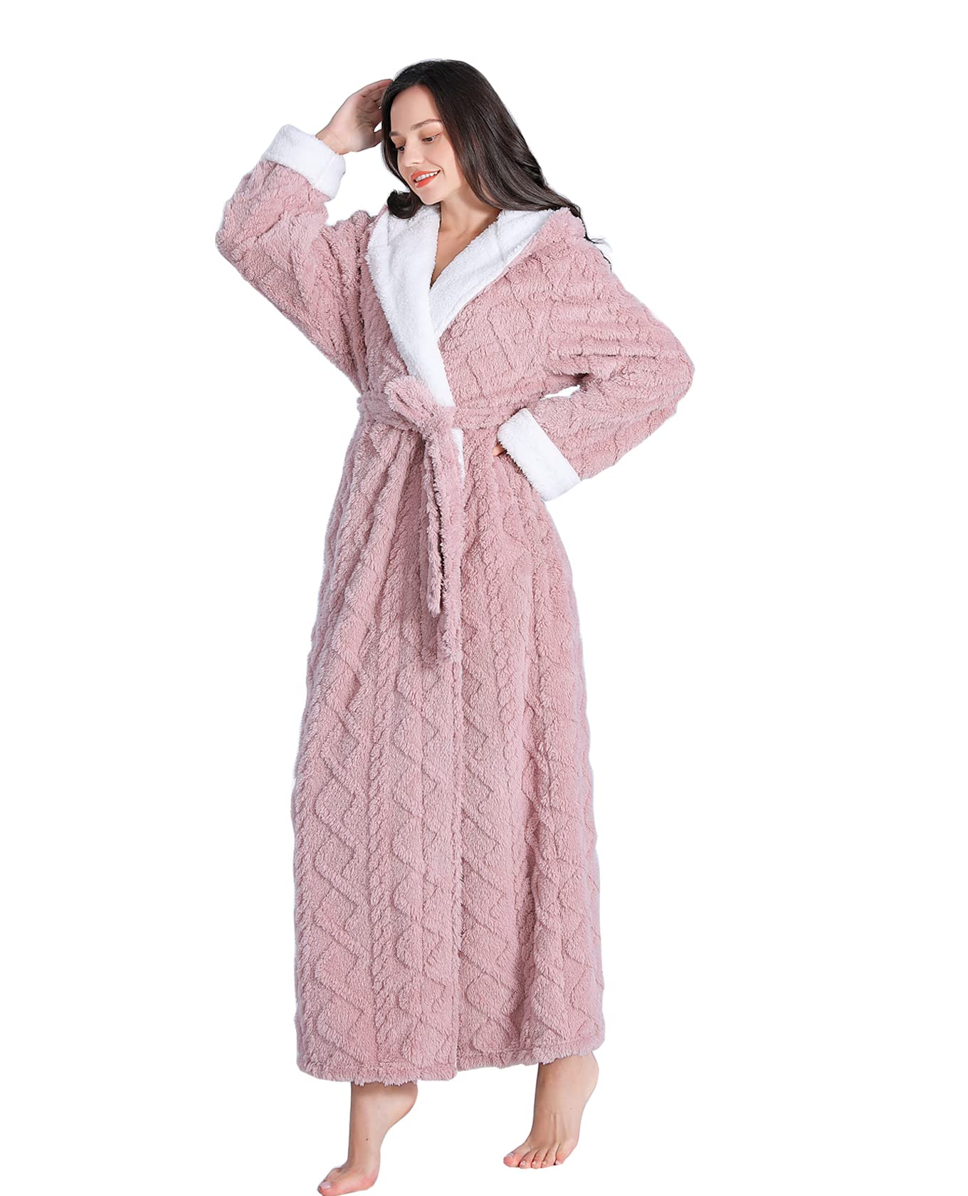 LKG women's robes long plush hooded ladies shower luxury christmas warm fuzzy robes house coat bathrobe for women full length WN420