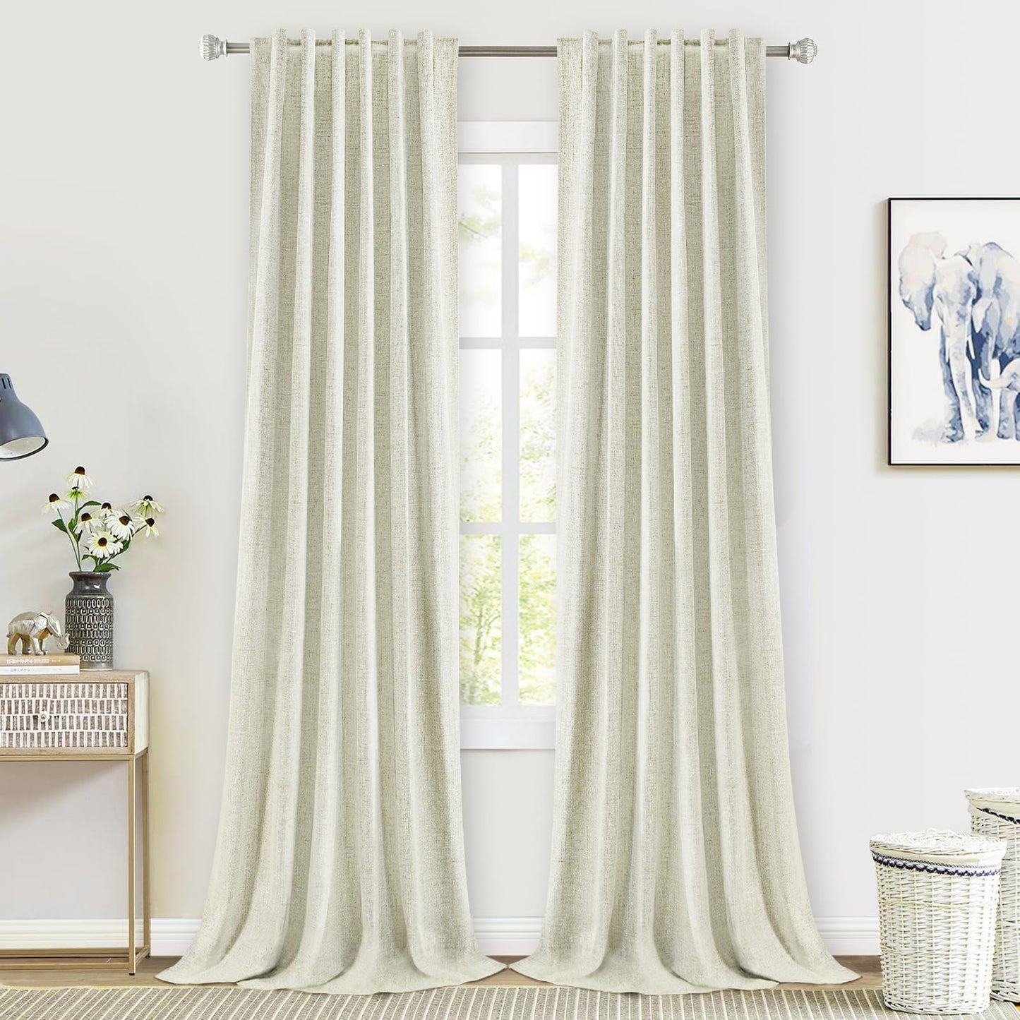 PANGSINNE Short Curtains for Windows Bathroom, 100% Blackout Linen Boho Back Tab Pleated Cafe Curtains for Kitchen Bedroom, 54 Inch Length 2 Panels Set, Dusty Blue BST326H