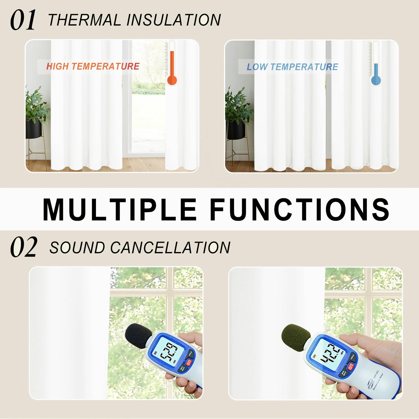 XWZO White Blackout Curtains with Tiebacks - Rod Pocket & Back Tab Heat and Full Light Blocking Window Panels for Bedroom/Nursery, 84 Inches Long Thermal Insulated Draperies, W42 x L84, Set of 2 BST326H
