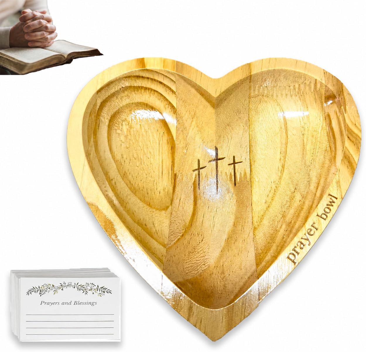 Prayer Bowl Wooden with 24 Prayer Cards,Heart Shaped Decor Prayer Bowl,Religious Gift for Women,Mom, Dad, Daughter or Husband,Christian Easter Gifts for Mom,Men BST220