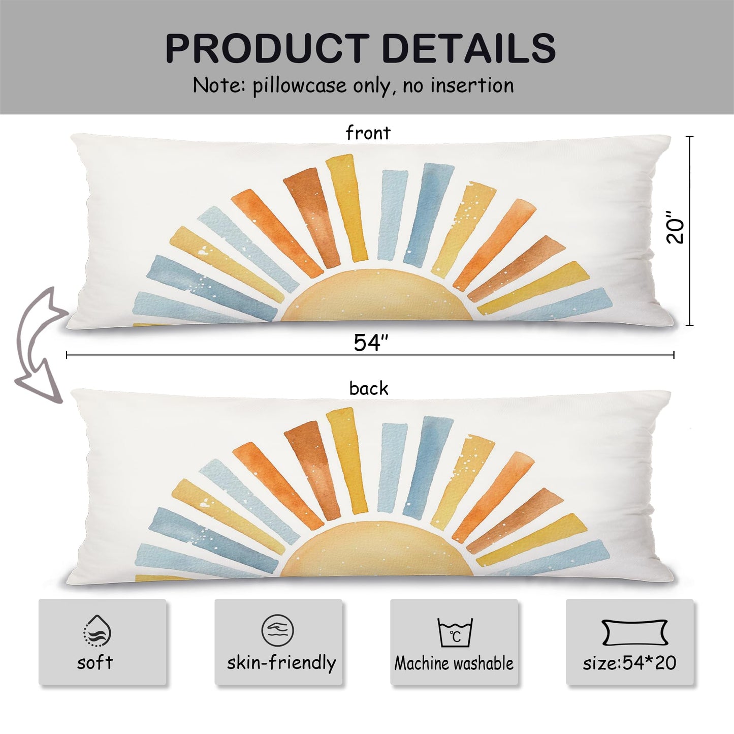 Boho Sun Sunshine 21x54 Body Pillow Cover Case, Modern Neutral Boho Horizontal Sun Sunset Sunrise Decorative Long Hug Pillow Cases for Bed Couch BST220