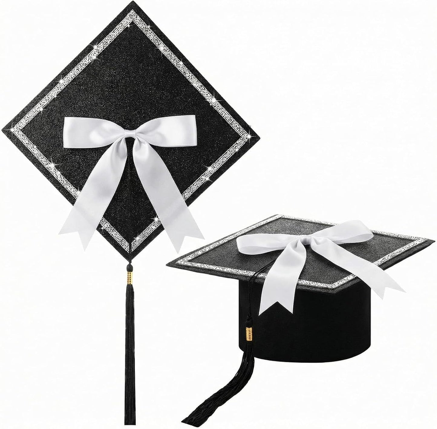Dunzoom Black DIY Graduation Cap Decorations Kit Rhinestone Grad Cap Topper with Tassel White Bow Glitter Graduation Hat for Class of 2026 Graduate Ceremony Adult Grad Party Gift Art Craft WN420
