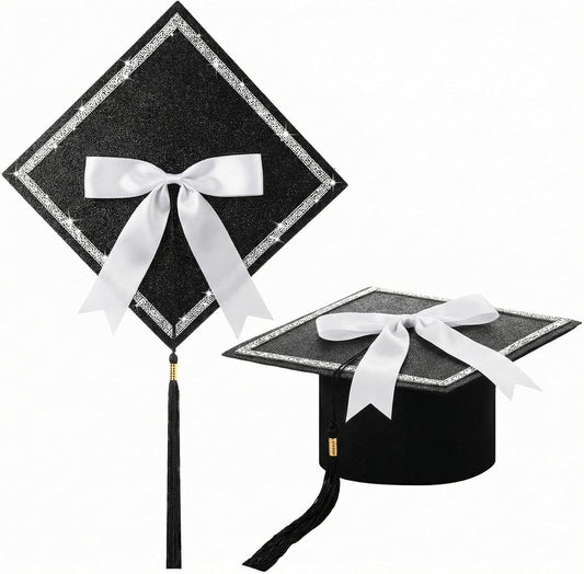 Dunzoom Black DIY Graduation Cap Decorations Kit Rhinestone Grad Cap Topper with Tassel White Bow Glitter Graduation Hat for Class of 2026 Graduate Ceremony Adult Grad Party Gift Art Craft WN420