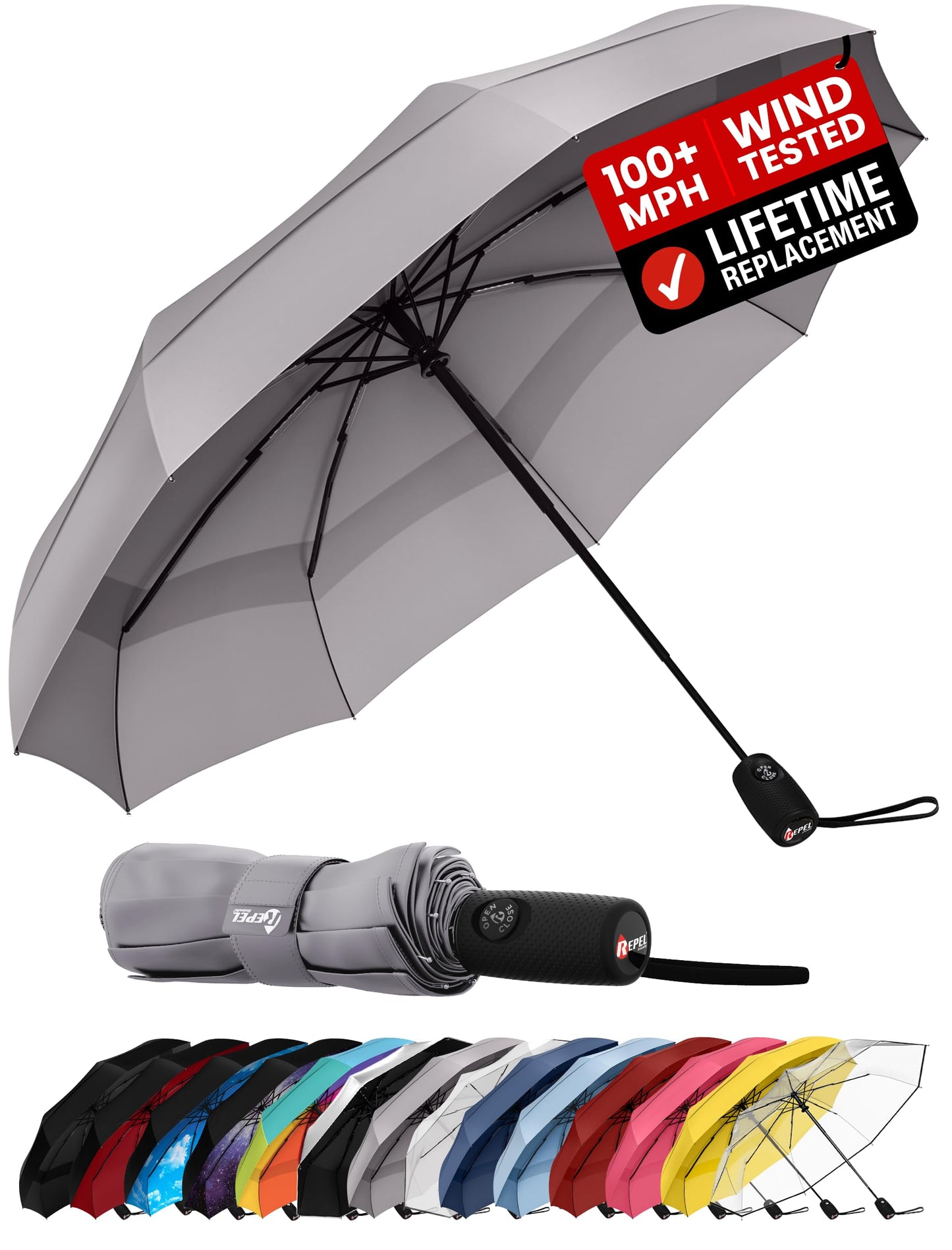 Repel Windproof Travel Umbrella - Compact & Withstands Winds up to 100MPH , Strongest Premium Auto Folding Umbrella for Rain and Sun - Durable, Light & Portable for Women & Men , Fits Backpack & Cars