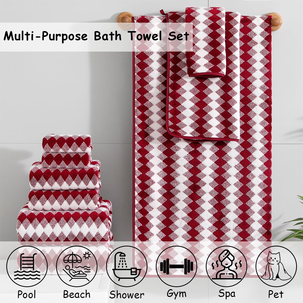 12 Pcs Light Gray Diamond Towel Set-4 Bath Towels,4 Hand Towels,4 Washcloths Soft Polyester Towels with Loop Absorbent Shower Towel Quick Dry Beach Chair Towel Family Towels for Bathroom Spa Gym Pool BST220
